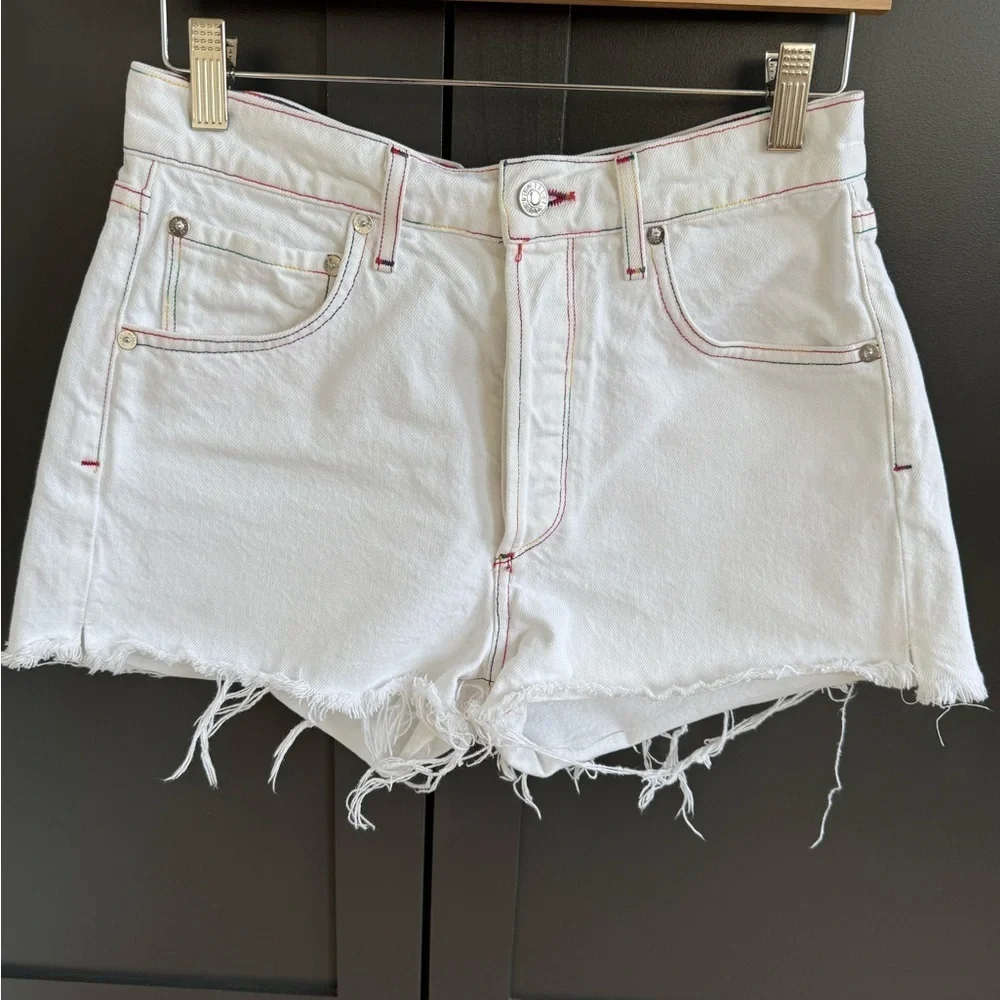 Agolde 27 Jaden Cut Off Short in White Space w/ rainbow stitch